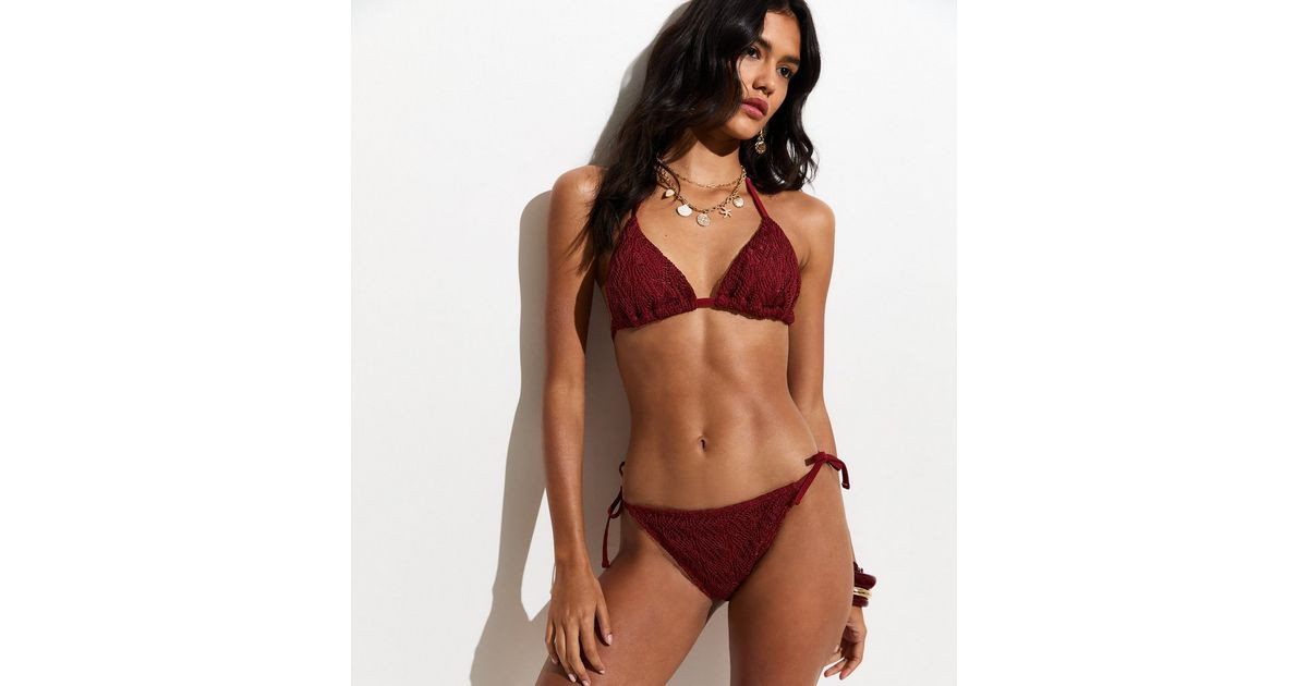 Dark Red Crochet Tie Side Tanga Bikini Briefs | New Look | New Look (UK)