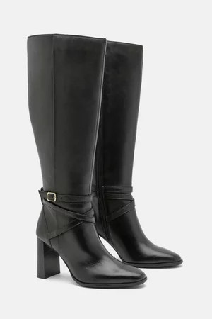 Leather Heeled Buckle Detail Knee High | Karen Millen UK + IE + DE + NL