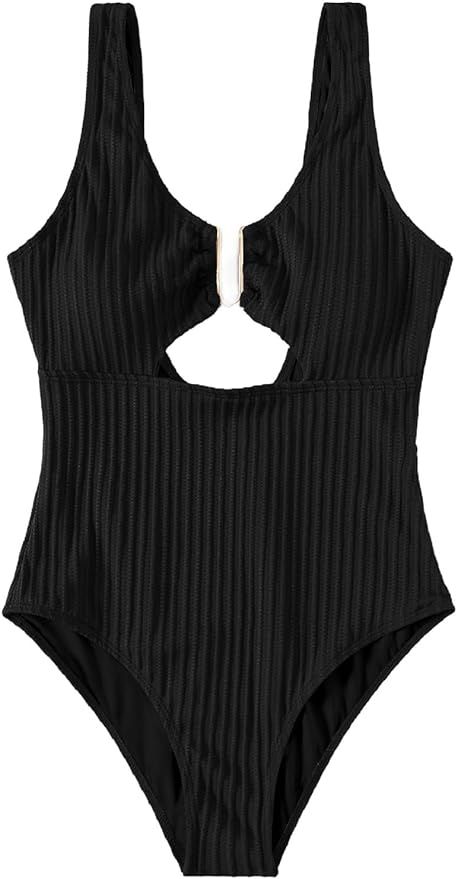 MakeMeChic Women's One Piece Swimsuits V Neck Cut Out High Cut Bathing Suit Swimwear | Amazon (US)