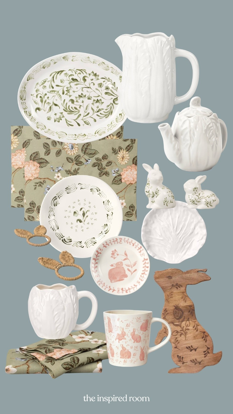 Spring decor 2026 at target - white cabbage plate mug and teapot, bunny wood serving board, floral placemats and napkins, bunny salt and pepper shakers, stoneware platter and dishes, bunny napkin rings 

#LTKSaleAlert #LTKHome #LTKSeasonal