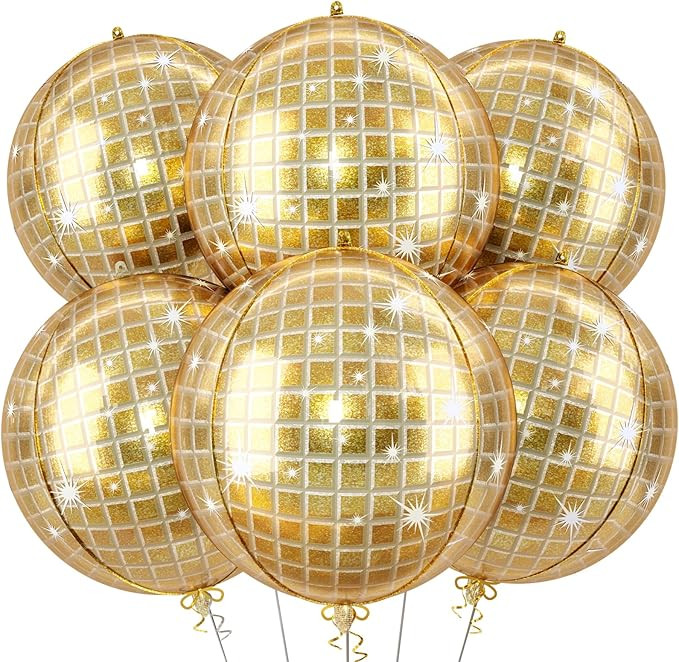 6pcs 22 Inch Gold Disco Ball Balloons, Shiny Gold Big Disco Balloons, 4D Large Foil Aluminum Ball... | Amazon (US)
