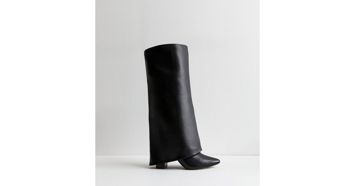 Black Foldover Leather Look Knee High Boots 
						
						Add to Saved Items
						Remove from Sa... | New Look (UK)