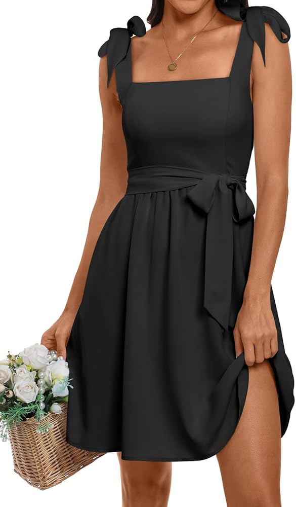 ANRABESS Women's Summer Tie Strap Mini Dress Square Neck Smocked Sleeveless A Line Swing Elegant ... | Amazon (US)