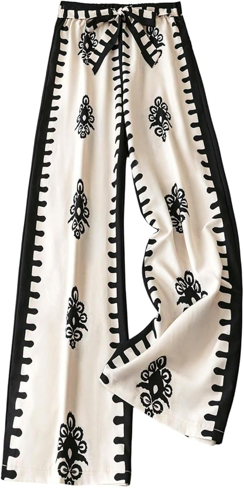 MakeMeChic Women's Graphic Wide Leg Pants Elastic Waist Belted Boho Trousers | Amazon (US)