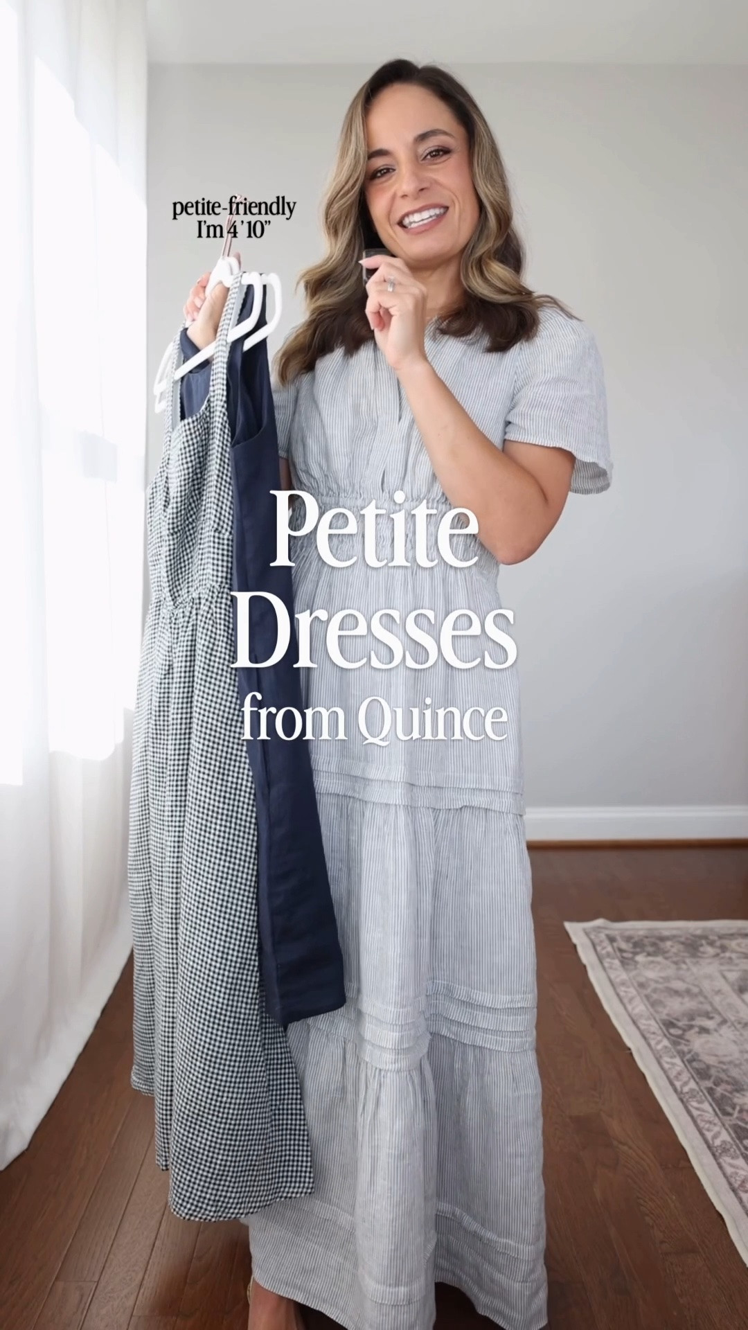 I’m so excited to see more and more petite options from @Quince  #quincepartner 

Here is a look at three petite linen dresses and how they fit me at 4’10” without any alterations! 

100% European Linen Tiered Maxi Dress: petite xs in blue pinstripe - a little large at my waist, size down if between sizes 
100% European Linen Tank Mini Dress: petite xs in deep navy 
100% European Linen Fit & Flare Midi Dress: petite xs in classic mini gingham