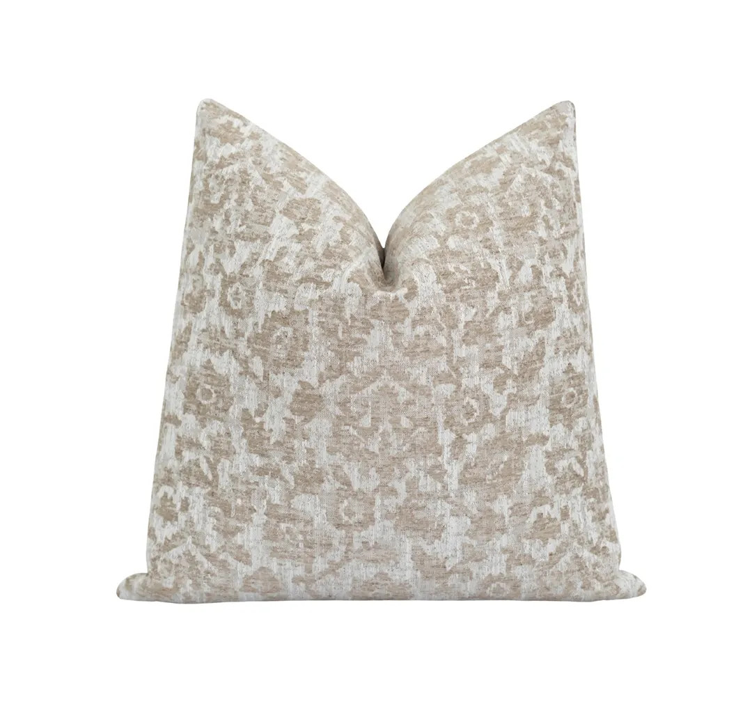 Jacquard Pillow Cover in Linen • Distressed Woven Floral Motif • Neutral Toned Pillow for Tra... | Etsy (US)