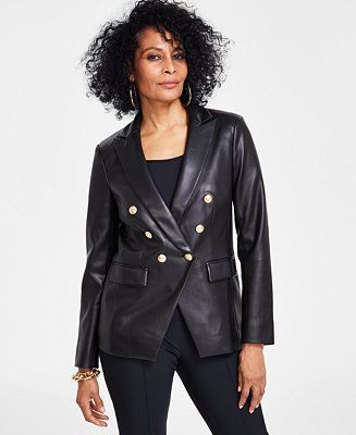 Women's Faux-Leather Double-Breasted Jacket, Created for Macy's | Macy's