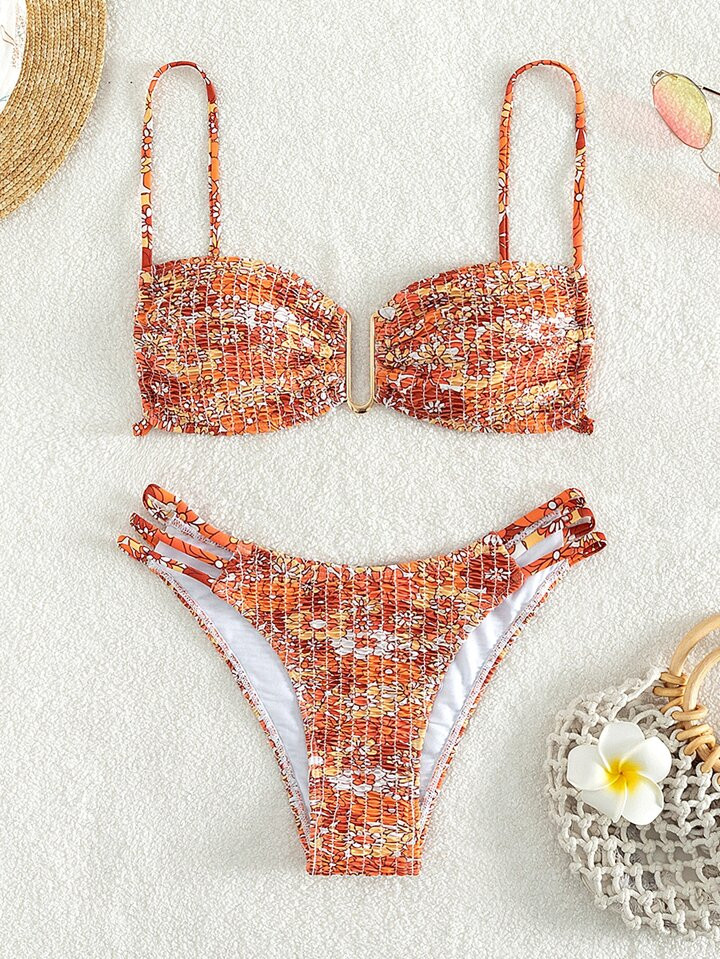 SHEIN Swim Summer Beach Floral Print Bikini Set V-Wired Smocked Cami Bra & Cheeky Bottom 2 Piece ... | SHEIN