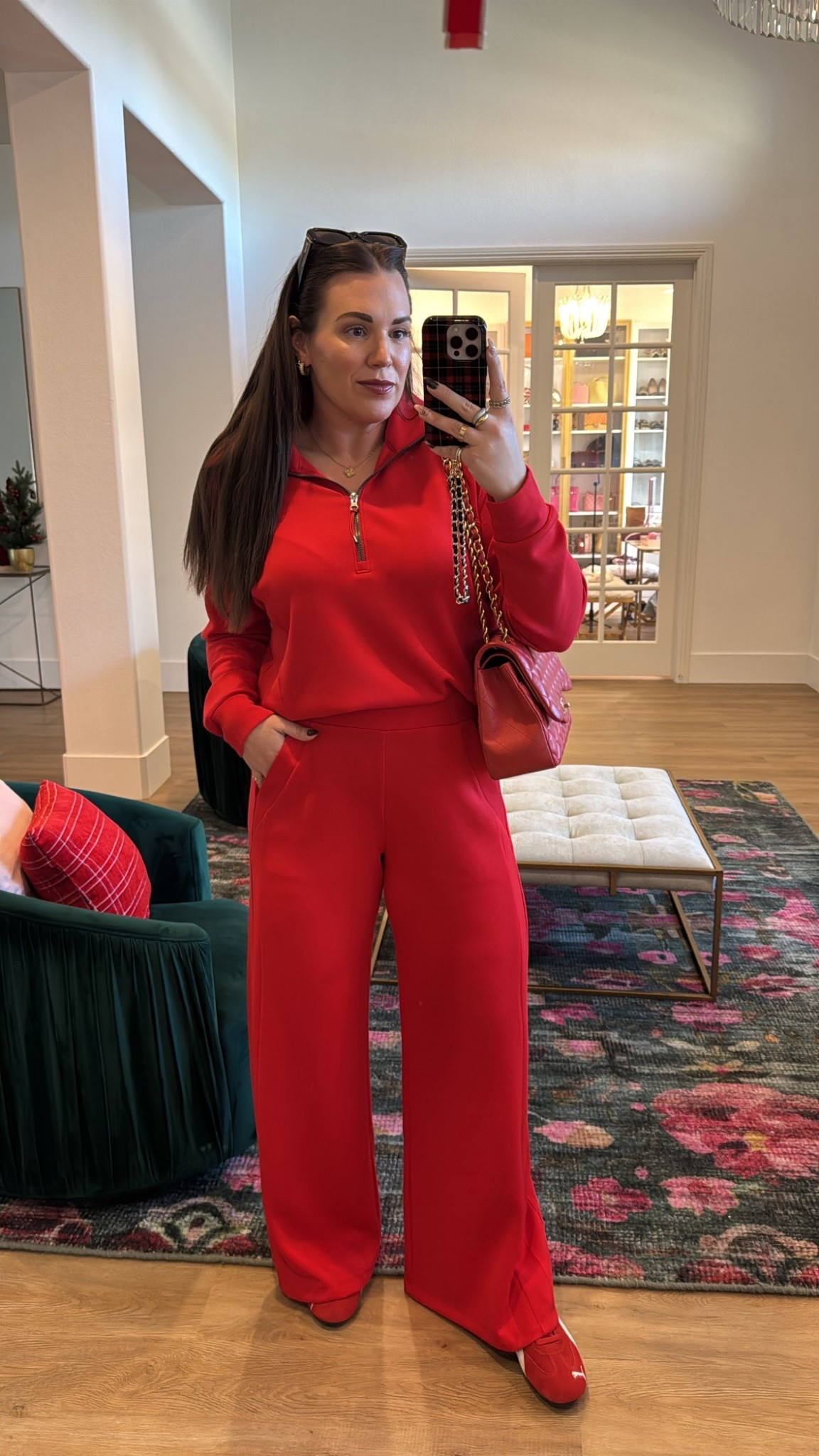 curvy midsize all red cozy athleisure mom on the go look! wearing size large in top and bottom and currently 15% off! color is spanx red ❤️ 

#LTKSaleAlert #LTKMidsize #LTKHoliday