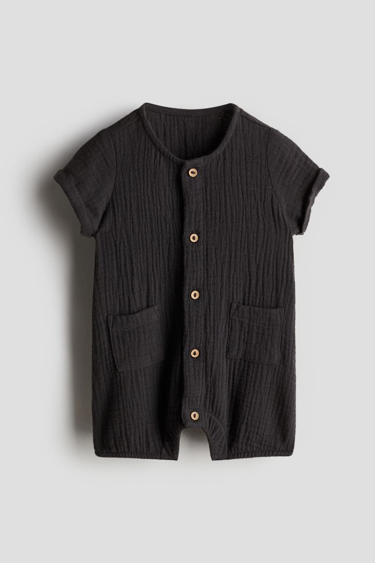 Cotton Muslin Romper Suit - Round Neck - Short sleeve - Dark gray - Kids | H&M US | H&M (US + CA)