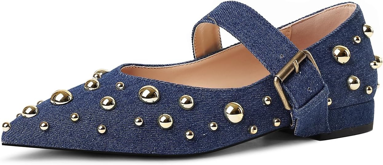 Women's Studded Flats Pointed Toe Mary Jane Flat Shoes | Amazon (US)