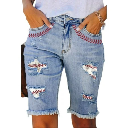 Blibea Womens Bermuda Jean Shorts Baseball Print Distressed Ripped Denim Bermuda Shorts Sky Blue 10 | Walmart (US)