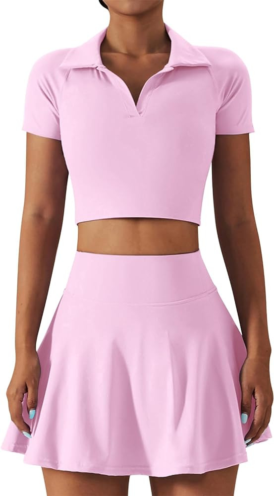 2 Piece Tennis Dress for Women High Waist Pleated Tennis Skirt with Shorts Short Sleeve Crop Golf... | Amazon (US)