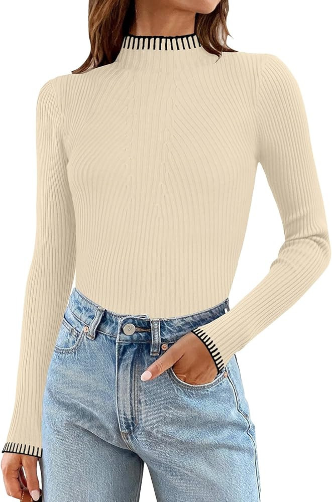 Bloggerlove Women's Long Sleeve Sweater Mock Neck Ribbed Knit Tops 2024 Trendy Fall Color Block C... | Amazon (US)