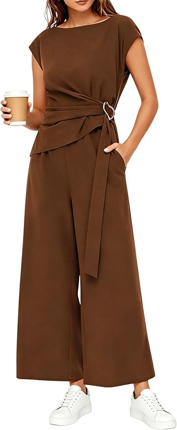 Tanming Womens 2 Piece Sets Summer Lounge Sets Cap Sleeve Buckle Top Wide Leg Pant Airport Vacati... | Amazon (US)