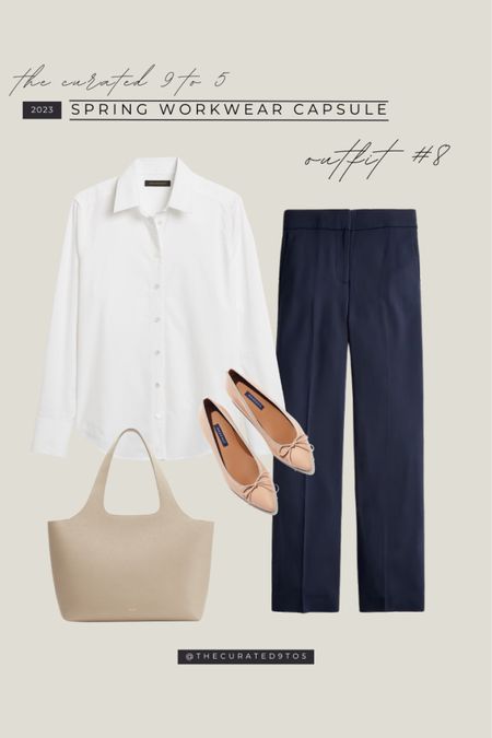 Spring Workwear Capsule - Outfit #8

Workwear, office style, white button down, whit e blouse, wide leg trousers, navy pants, work bag, leather bag, work shoes, ballet flats

#LTKworkwear #LTKitbag #LTKstyletip