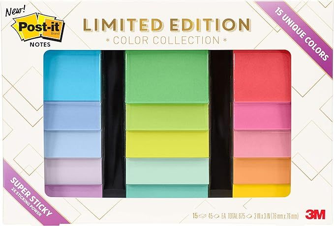 Post-it Notes Limited Edition Super Sticky Color Collection, 3 in x 3 in, 15 Pads/Pack, 45 Sheets... | Amazon (US)