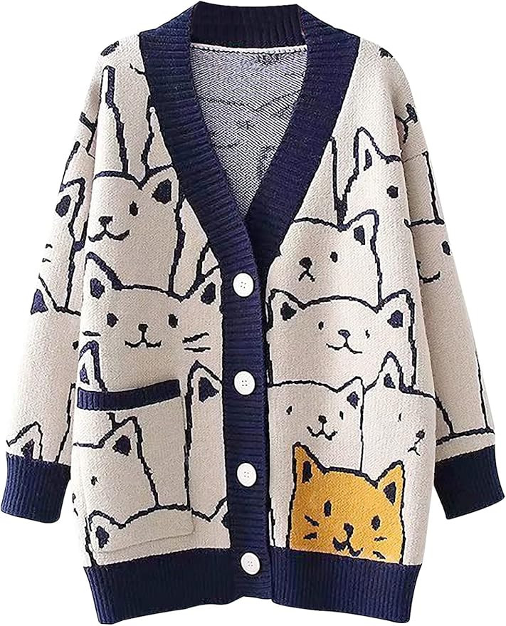 Arssm Cat Sweater for Women Oversized Button Down V Neck Knit Cardigan Cute Kawaii Cartoon Print ... | Amazon (US)