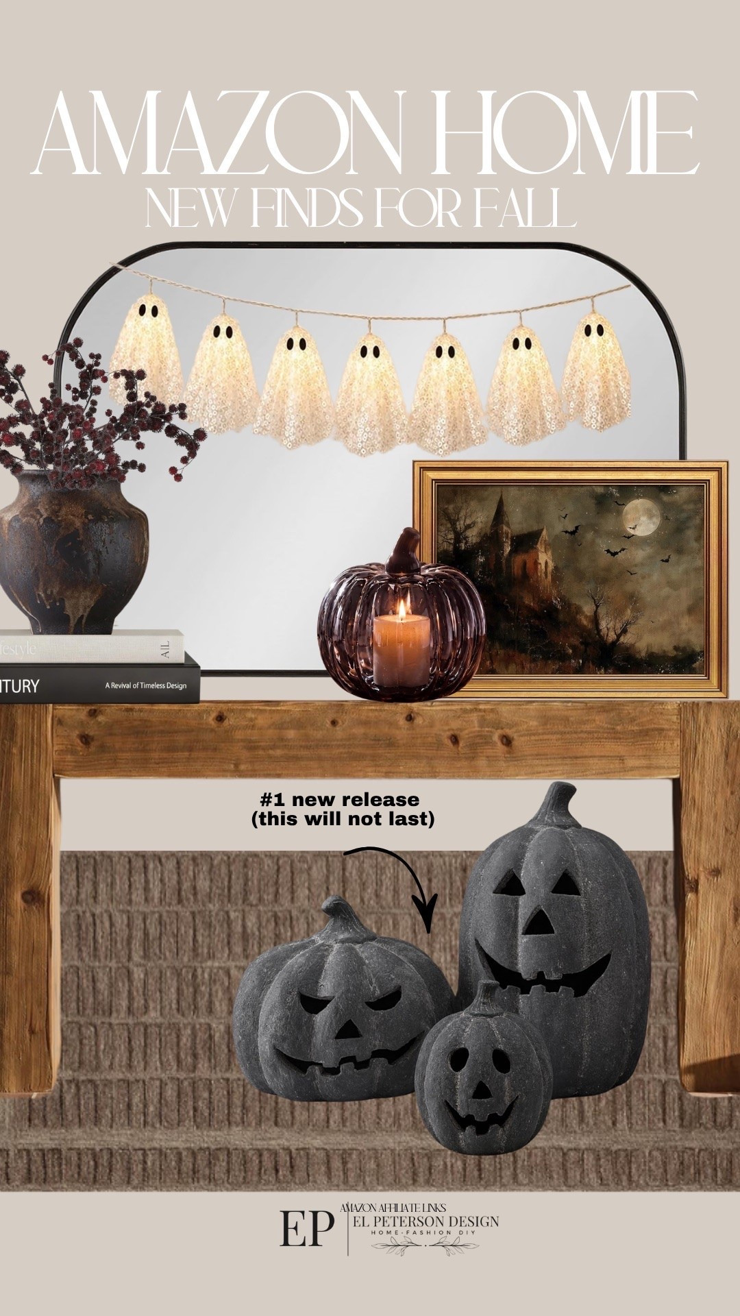 Amazon
New Fall Finds
Rug
Console table 
Jacko lanterns
Ghost string light
Vase
Decorative books
Artwork
Mirror
Pumpkin holder

#LTKHome