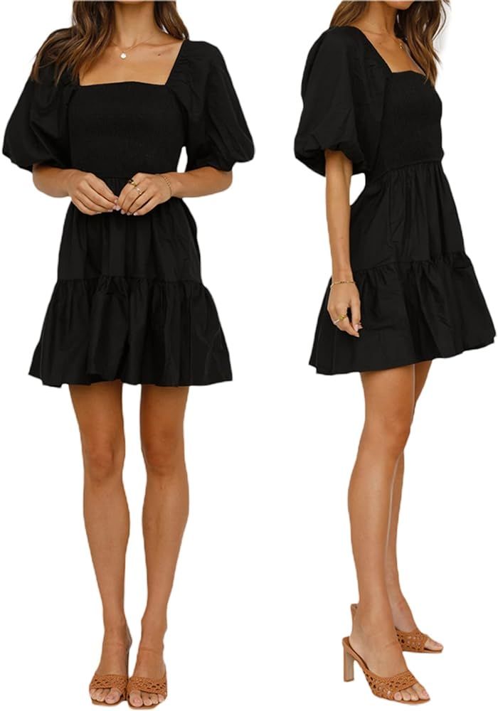SUNSIOM Women's Dress Solid Color Square Neck Puff Short Sleeve Backless Ruffle Hem Female Mini Blou | Amazon (US)