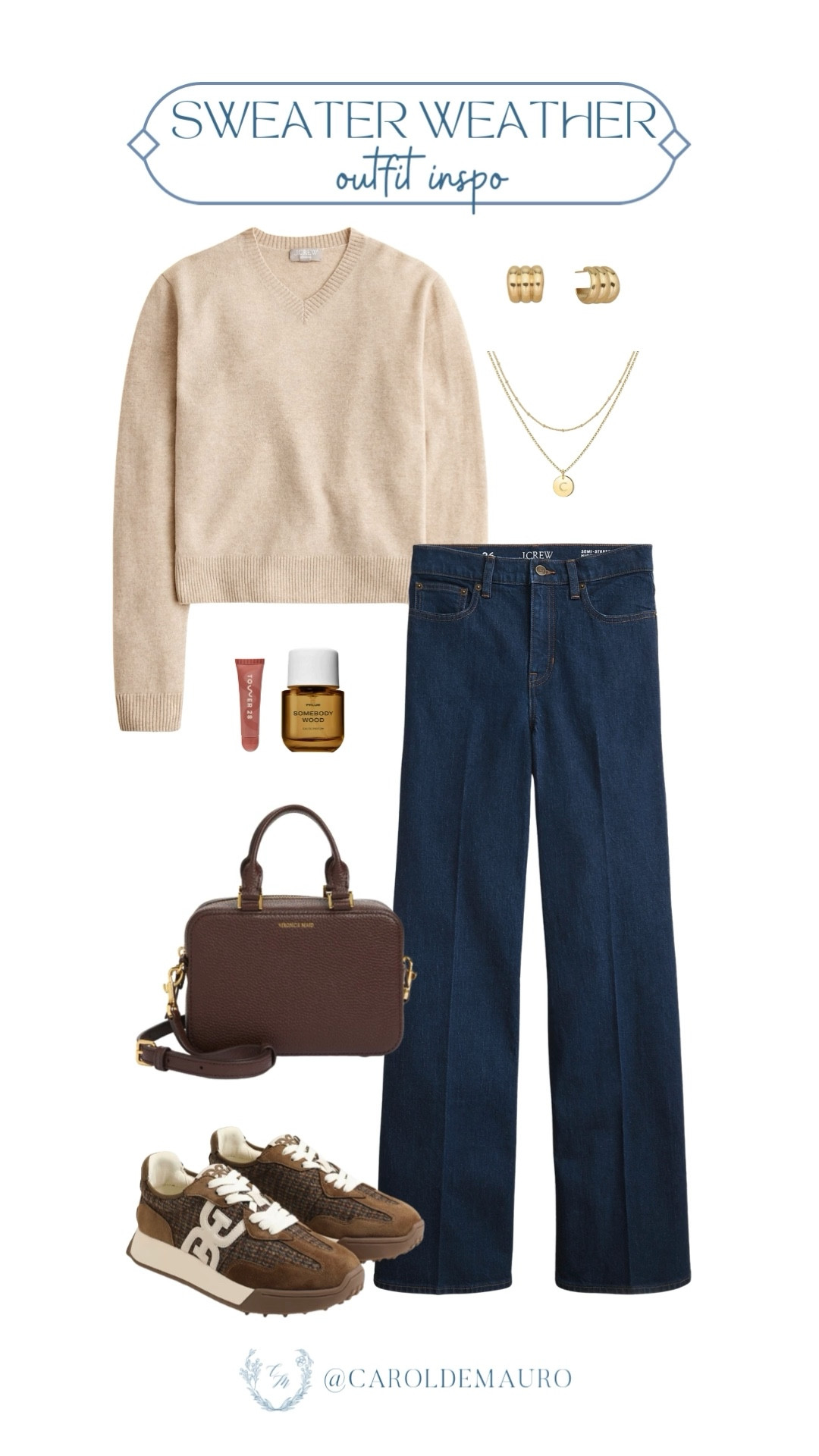 Get ready for sweater weather with this cozy neutral V-neck sweater with dark-wash wide-leg jeans for a comfortable yet stylish base! Accessorize with some simple gold jewelry, a structured bag, and trendy sneakers to complete this perfect casual-cool outfit.
#easytowear #everydayoutfit #onthegolook #neutralstyle

#LTKStyleTip #LTKU