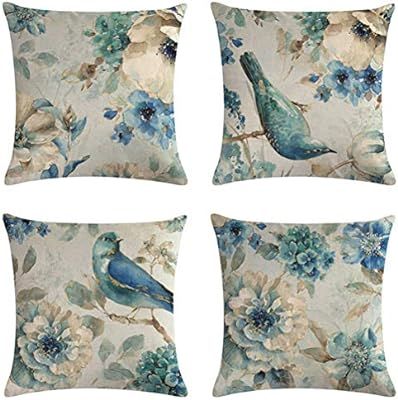 7COLORROOM Watercolor Blue Flower and Bird Pillow Cover Animals Blue Birds On The Tree Cushion Co... | Amazon (US)