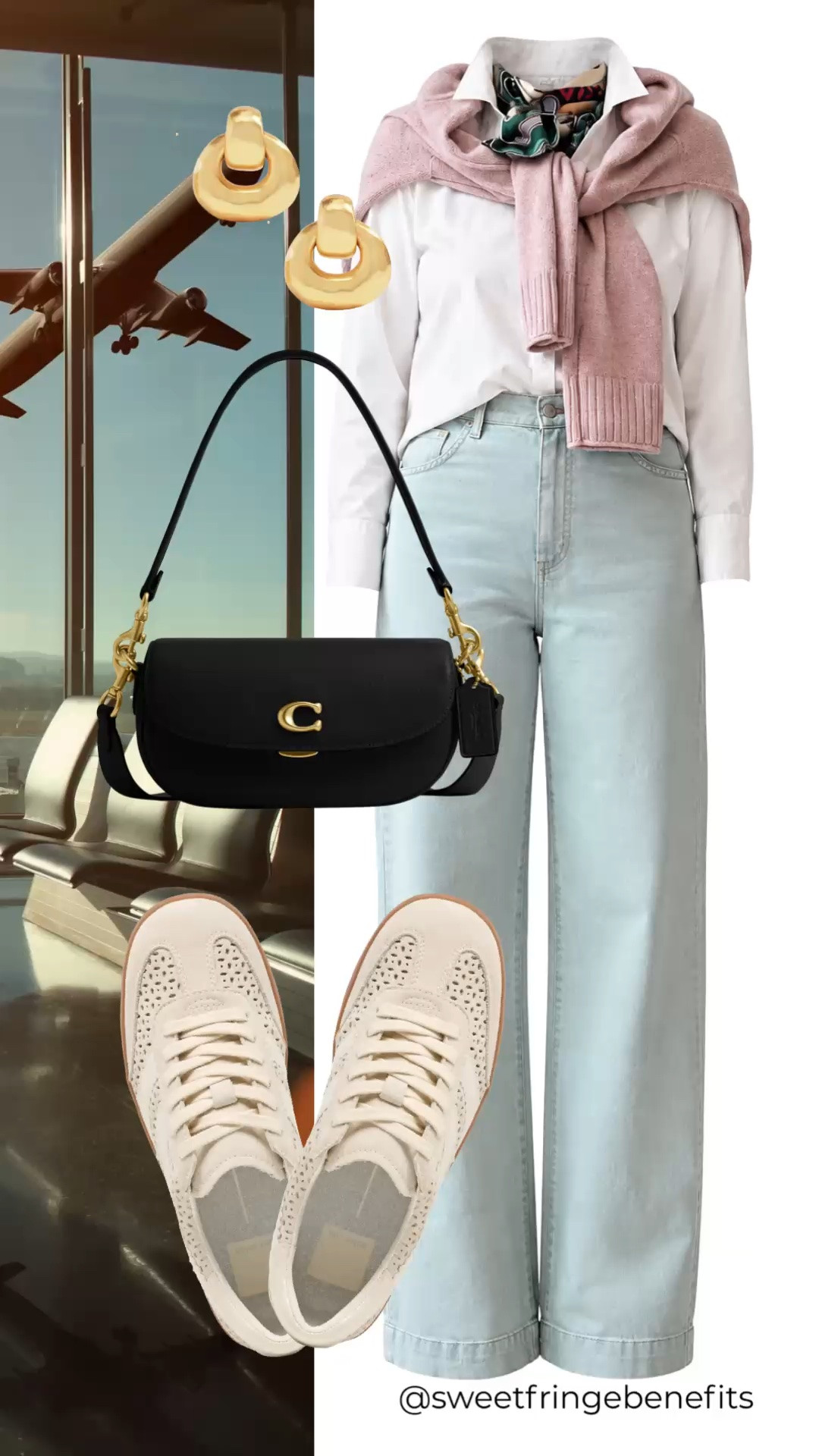 This is such a great travel outfit. Classic white button-down and light-wash wide-leg jeans, finished with a soft pink sweater for an easy layer. Comfortable sneakers and a crossbody make it airport-ready without looking too casual.

💡 LTK MADE EASY
❤️ Heart = Support my posts!
🔖 Save = Get sale & restock alerts
📋 Lists = Keep favorites organized
📲 Share = Send lists and products to a friend. Hello, Christmas List!
💬 Comment = Ask me anything about what I'm wearing.:-)

#LTKootd #LTKTravel #LTKOver40