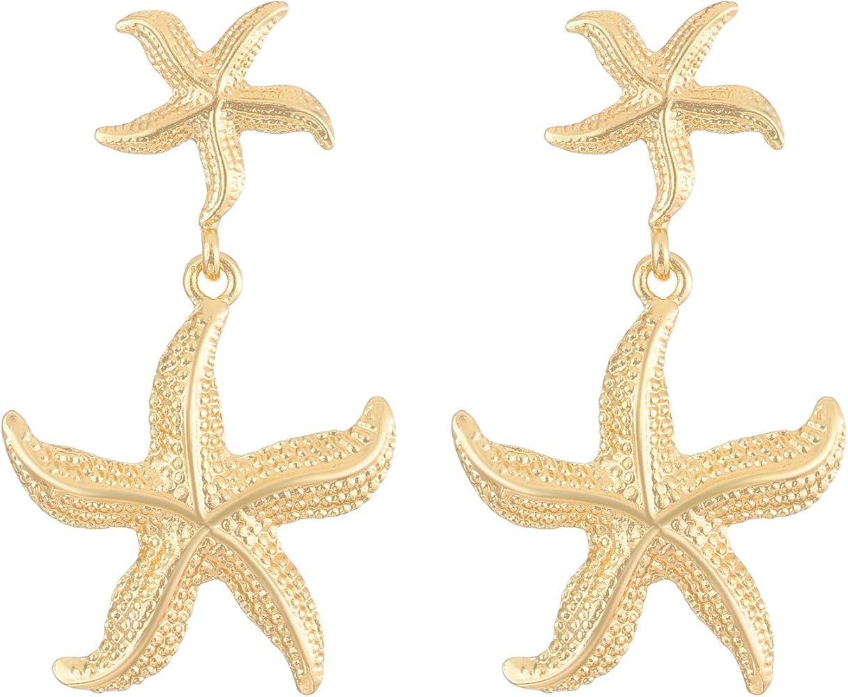 Gold Seashell Earrings Starfish Earrings Exaggerated Beach Wind Statement Earrings Starfish Dangl... | Amazon (US)