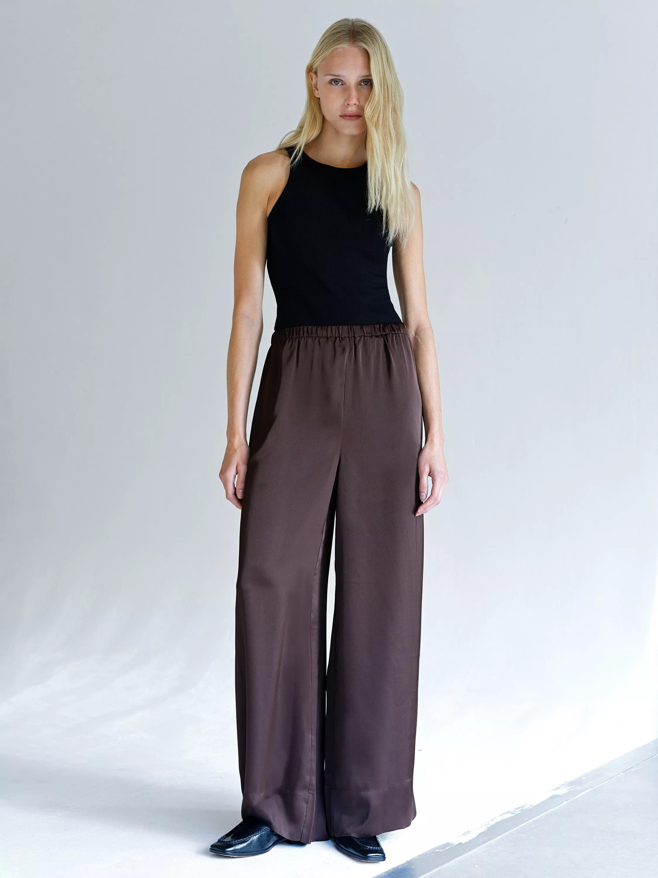 French Connection Bernadetta Satin Wide Leg Trousers, Bitter Chocolate | John Lewis (UK)