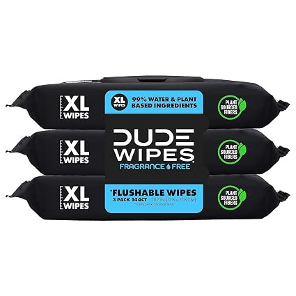 DUDE Wipes - Flushable Wipes - 3 Pack, 144 Wipes - Unscented Extra-Large Adult Wet Wipes - Vitami... | Amazon (US)