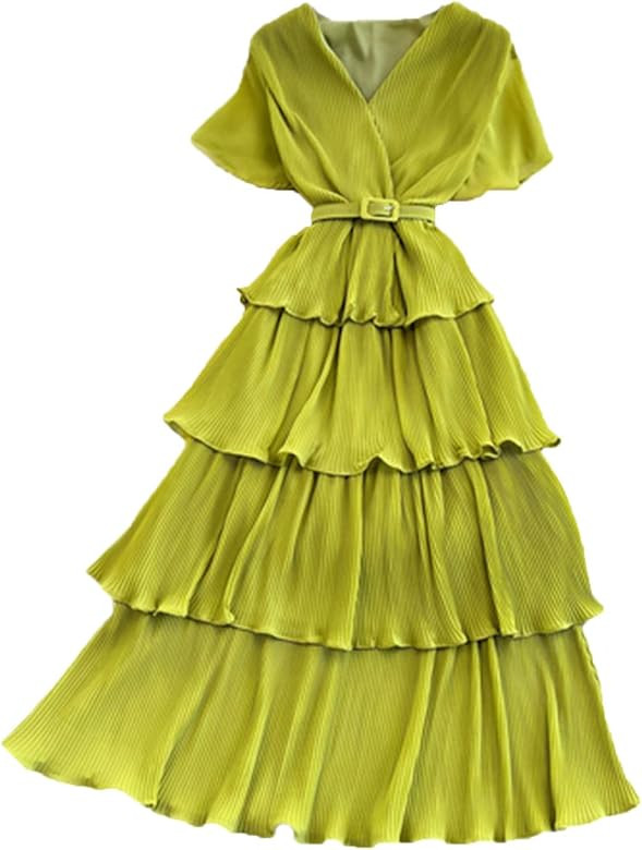 SaoBiiu Summer Beach Long Dress Women V-Neck Short Sleeve Dresses Ruffles Big Swing Dresses Femal... | Amazon (UK)