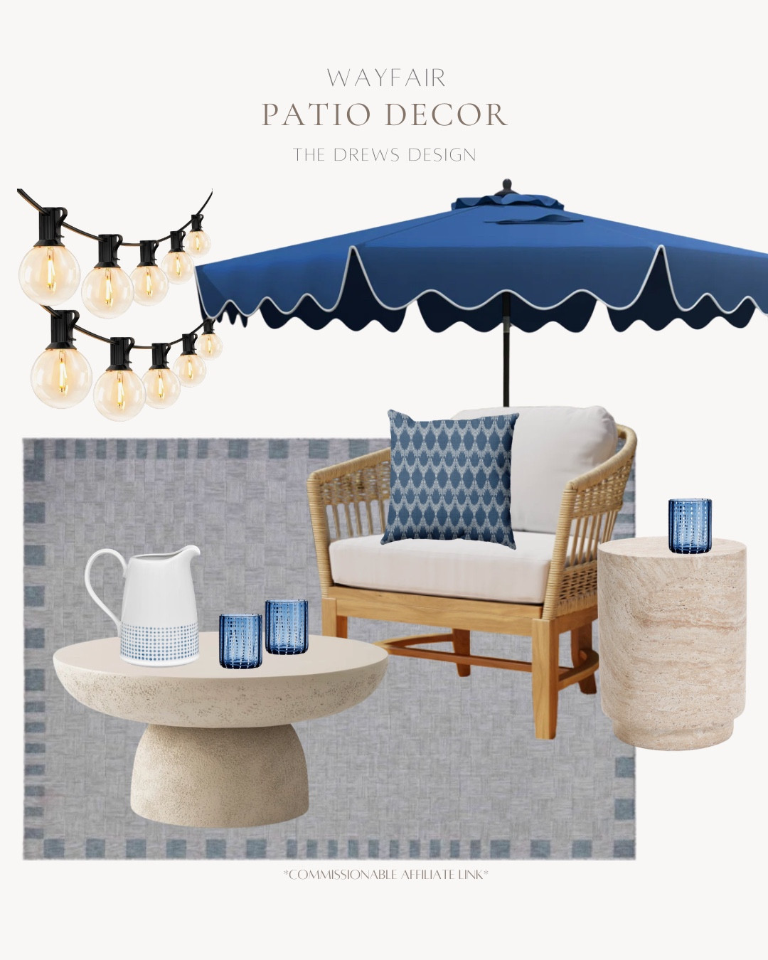 Wayfair patio decor includes string lights, umbrella, outdoor rug, side table, outdoor coffee table, accent chair, outdoor pillow, pitcher, glasses.

Home decor, outdoor home decor, patio decor, styled home

#LTKHome #LTKSeasonal #LTKvlog