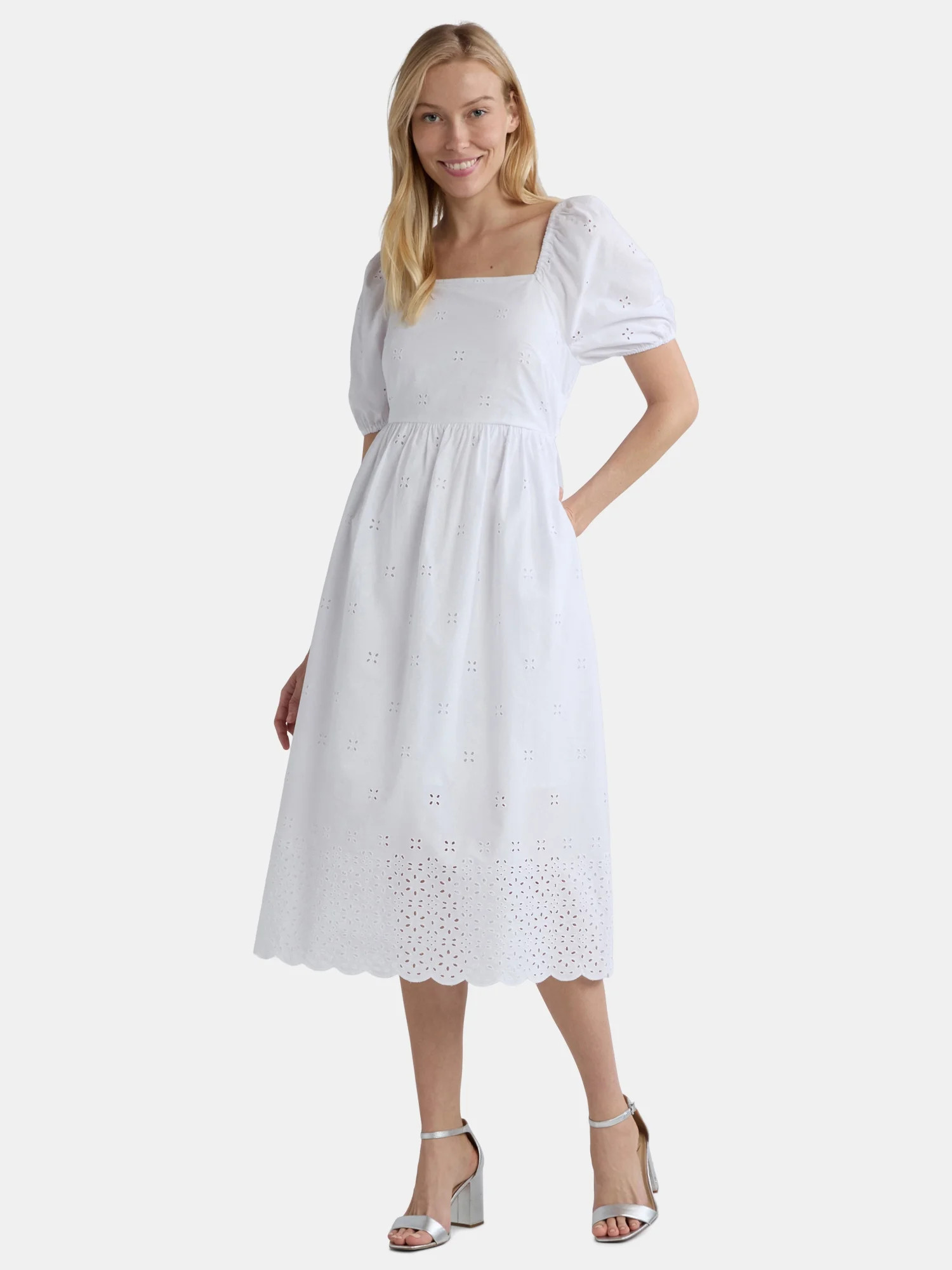 Time and Tru Women's and Women's Plus Square Neck Eyelet Midi Dress, Sizes XS-4X | Walmart (US)