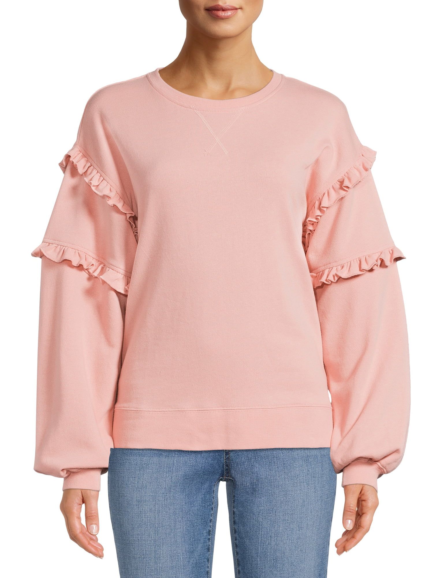 Time and Tru Women's Ruffle Sleeve Sweatshirt, Sizes XS-3XL | Walmart (US)