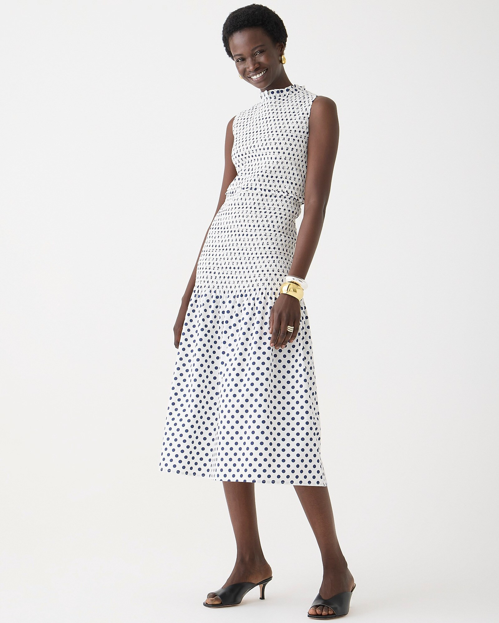 Smocked cotton poplin drop-waist dress in dot print | J. Crew US