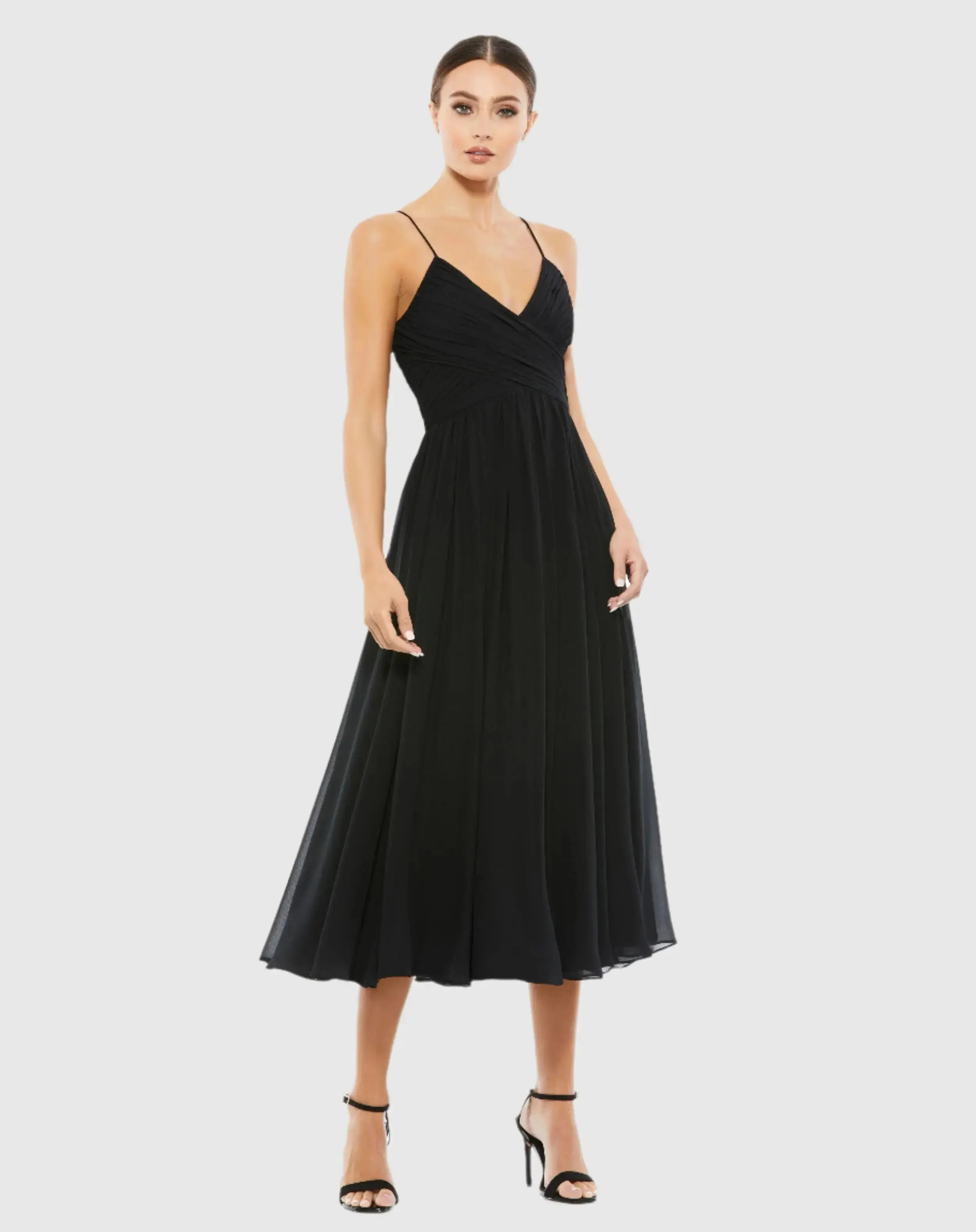 Black Faux Wrap Sleeveless Flowy Midi Dress - Mac Duggal | Mac Duggal