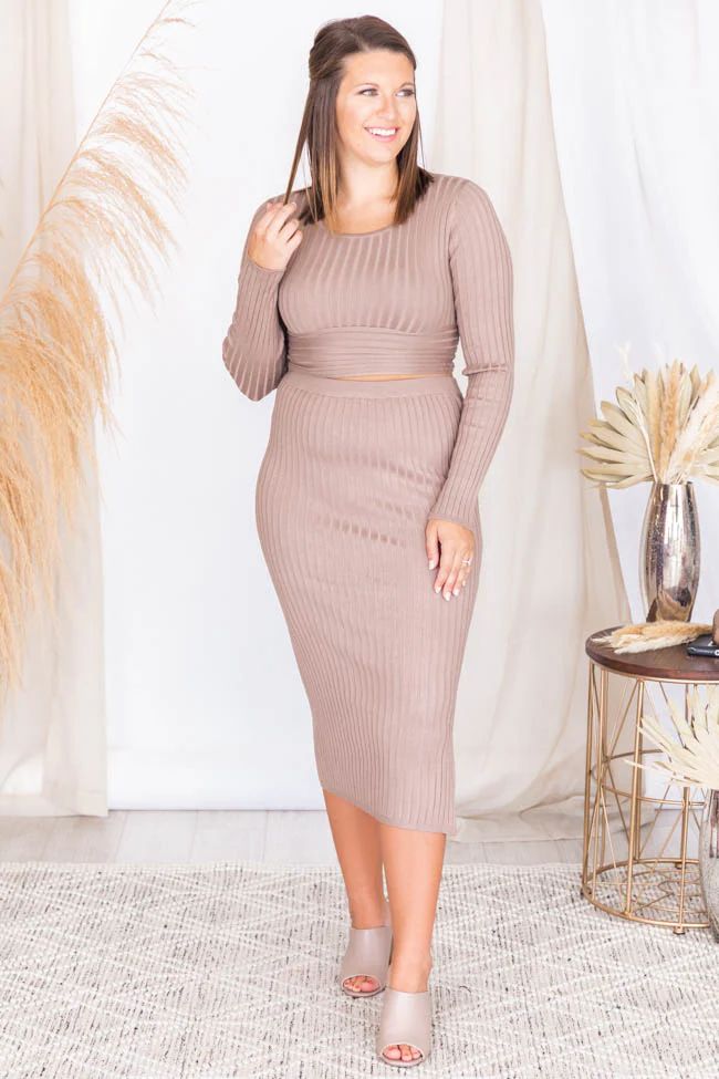 Escape The Night Mocha Ribbed Midi Skirt | The Pink Lily Boutique