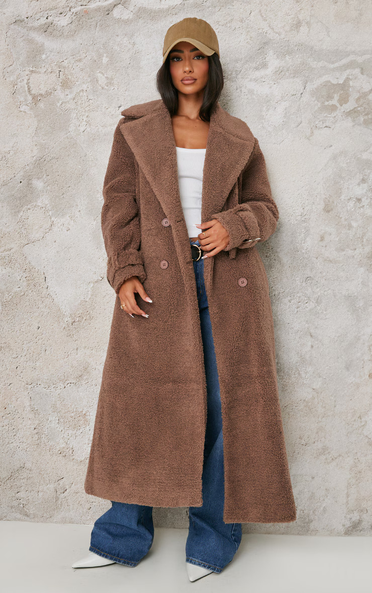Petite Taupe Borg Double Breasted Maxi Coat | PrettyLittleThing US