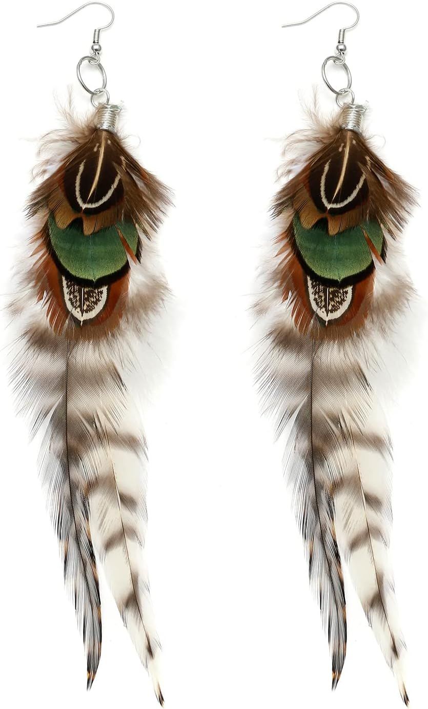 Long Feather Earrings for Women, Boho Bohemian Earrings Multicolor Tassel Handmade Feather Earrin... | Amazon (US)