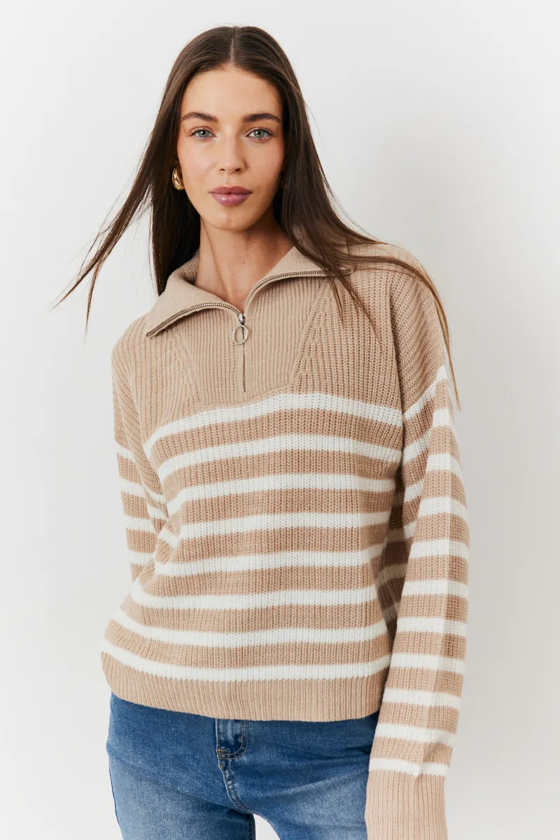 Stripe Quarter Zip Knit Jumper | In The Style