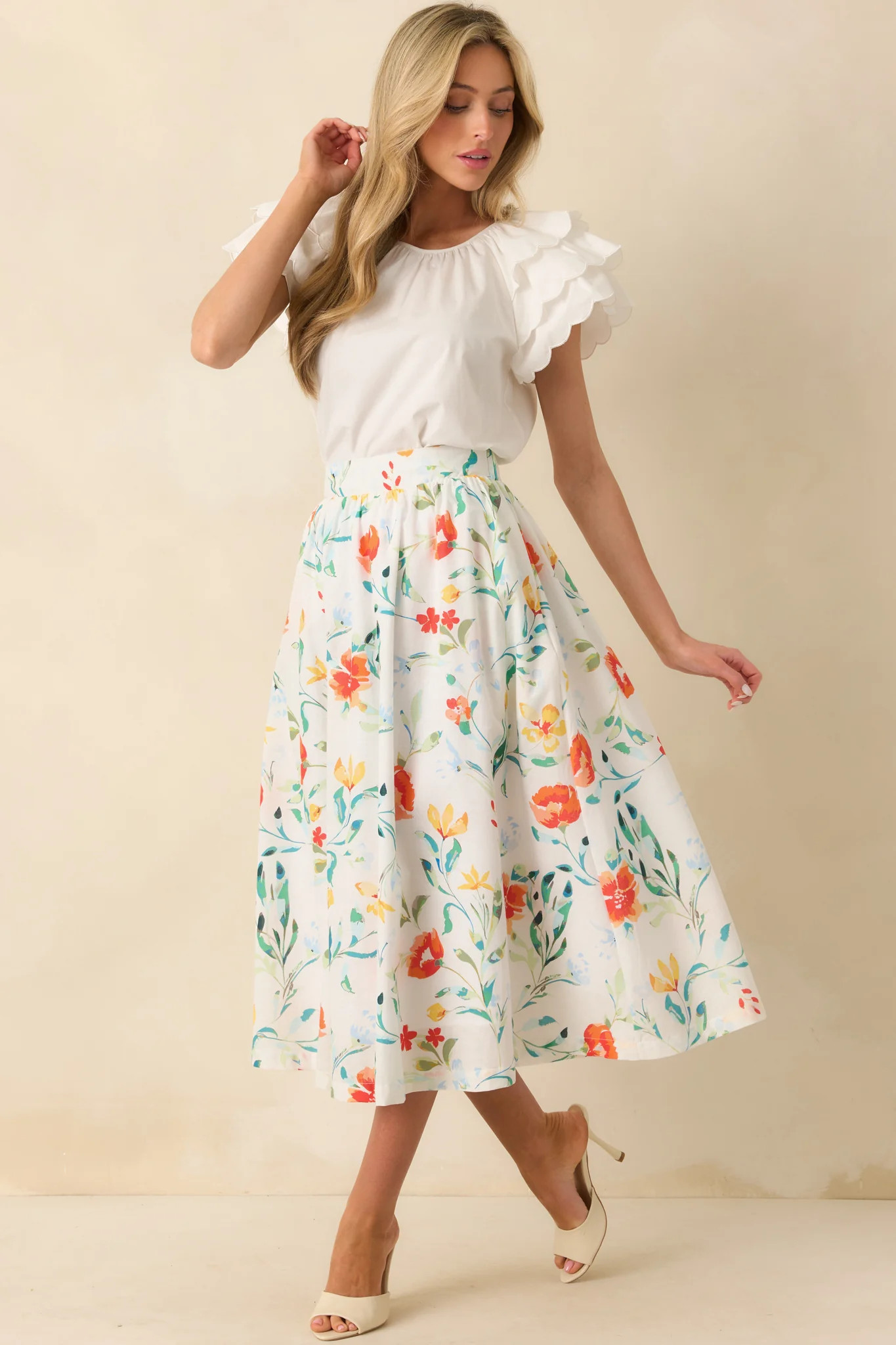 Prosperina Ivory Cotton Wild Poppies Print Maddie Midi Skirt | Red Dress