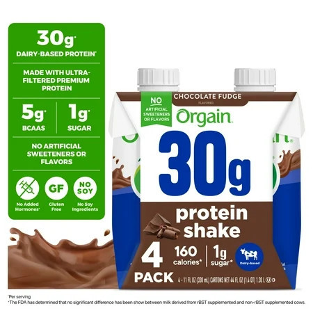 Orgain 30g Protein Shake, Dairy Based, Chocolate Fudge 11oz, 4ct | Walmart (US)