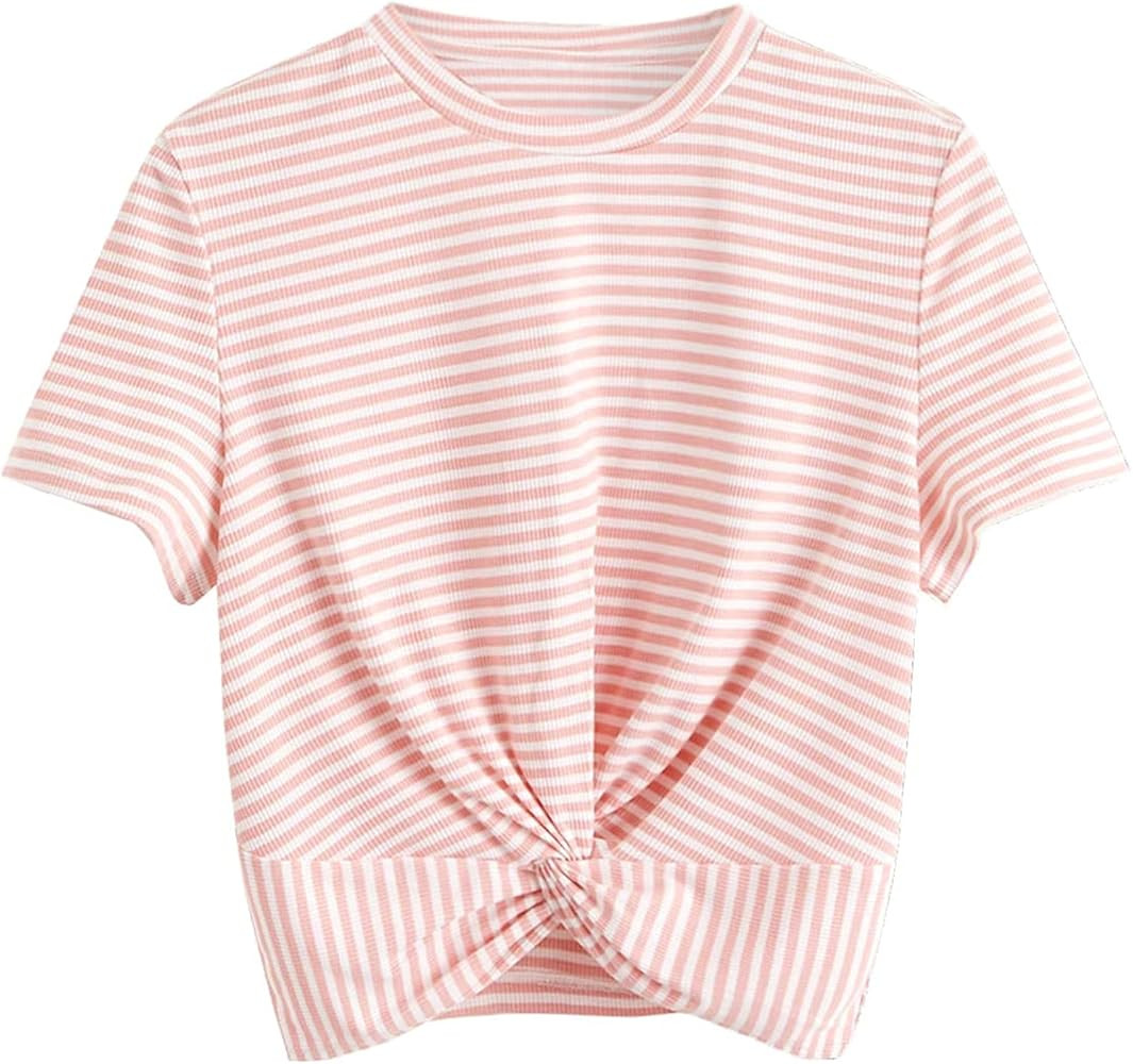 MakeMeChic Women's Summer Crop Top Solid Short Sleeve Twist Front Tee T-Shirt | Amazon (US)