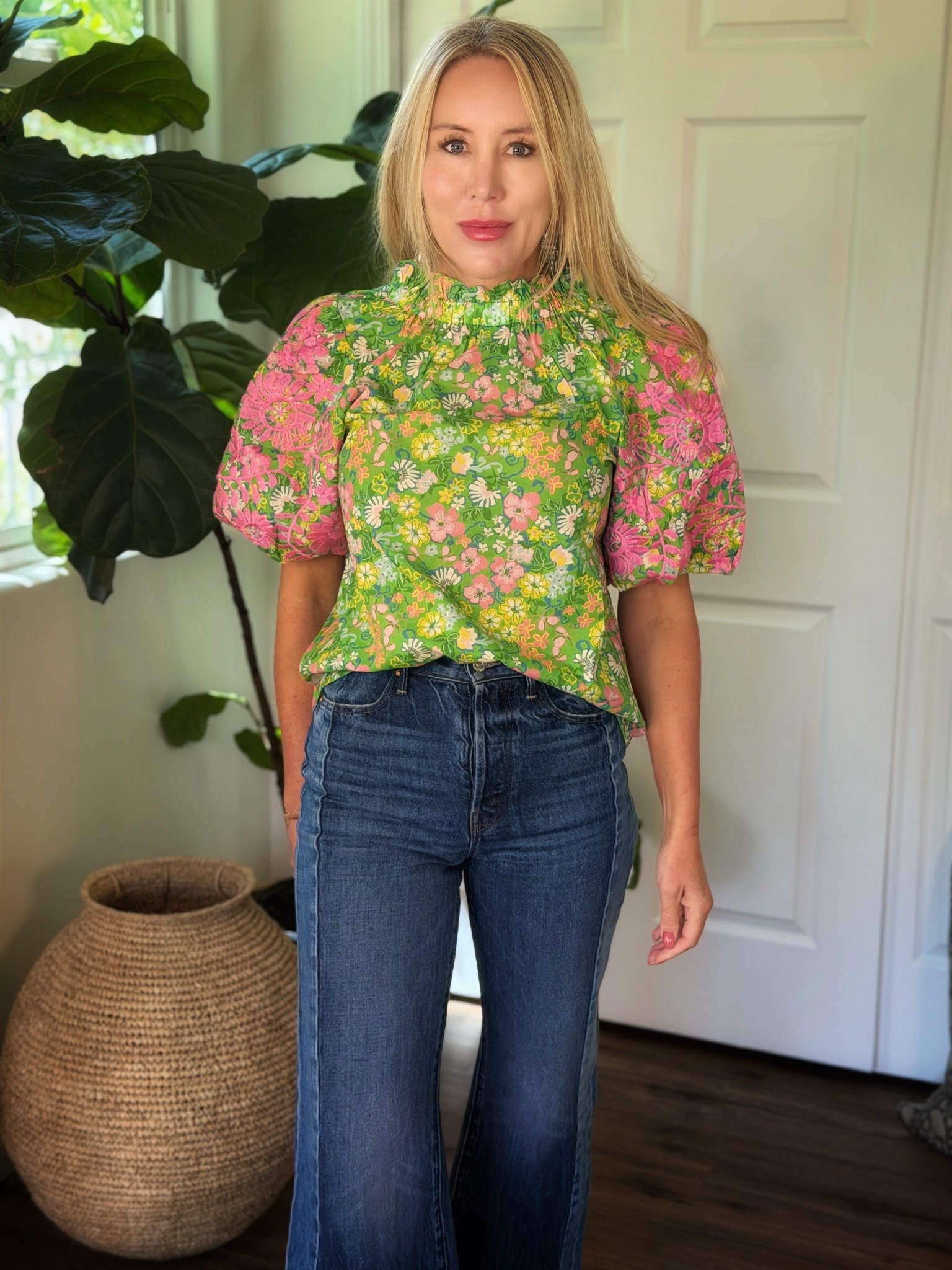 This top is a 10 out of 10 the green floral print with the pink contrast is gorgeous! The puff sleeves have additional pink embroidery which adds that extra special touch of detail

#LTKOver40 #LTKFestival #LTKootd