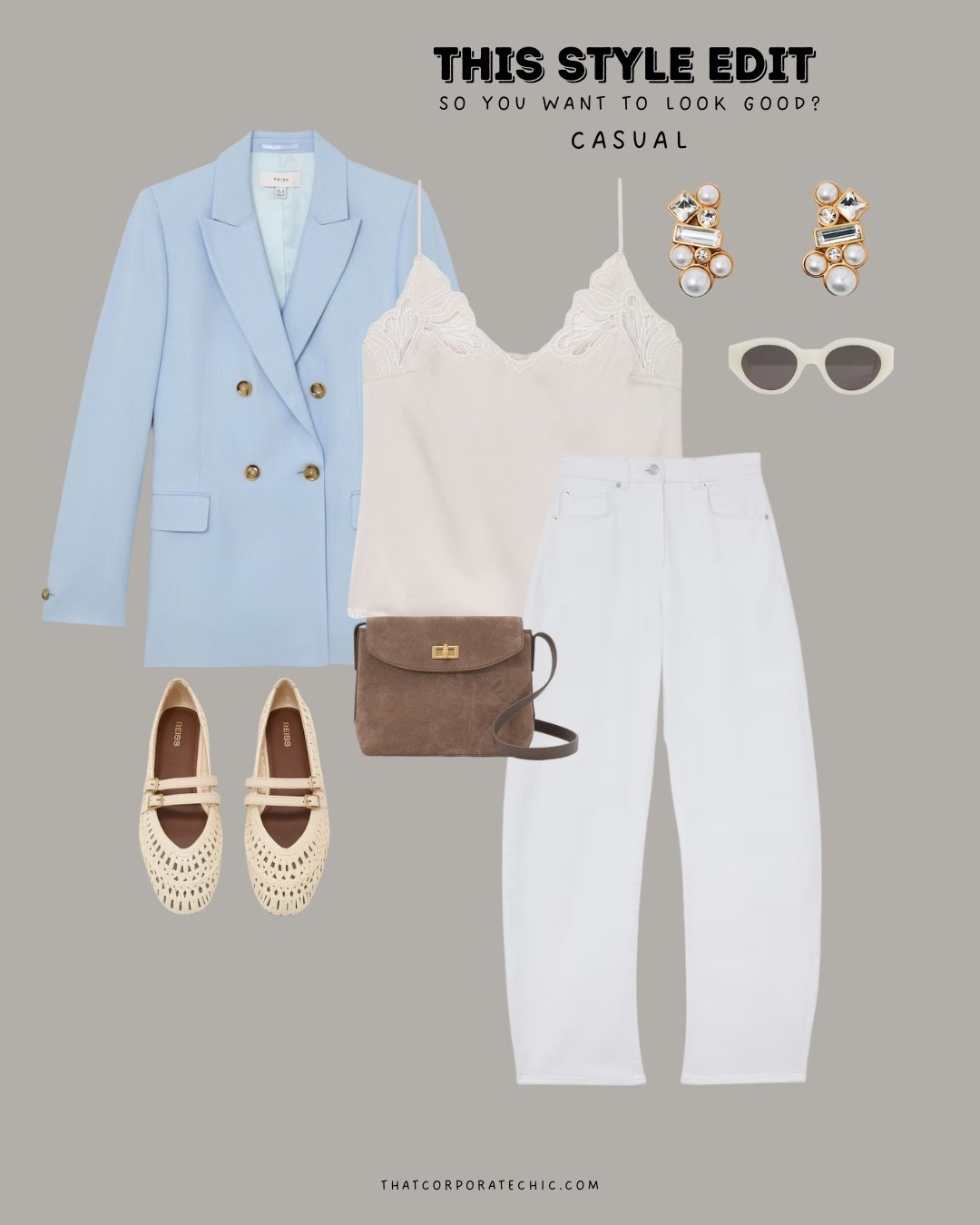 Casual elevated look, can also be styled for a casual work look 

Blue blazer, how to style 
How to style a barrel white jeans 
White ballet flats 

#LTKworkwear #LTKsummer #LTKstyletip