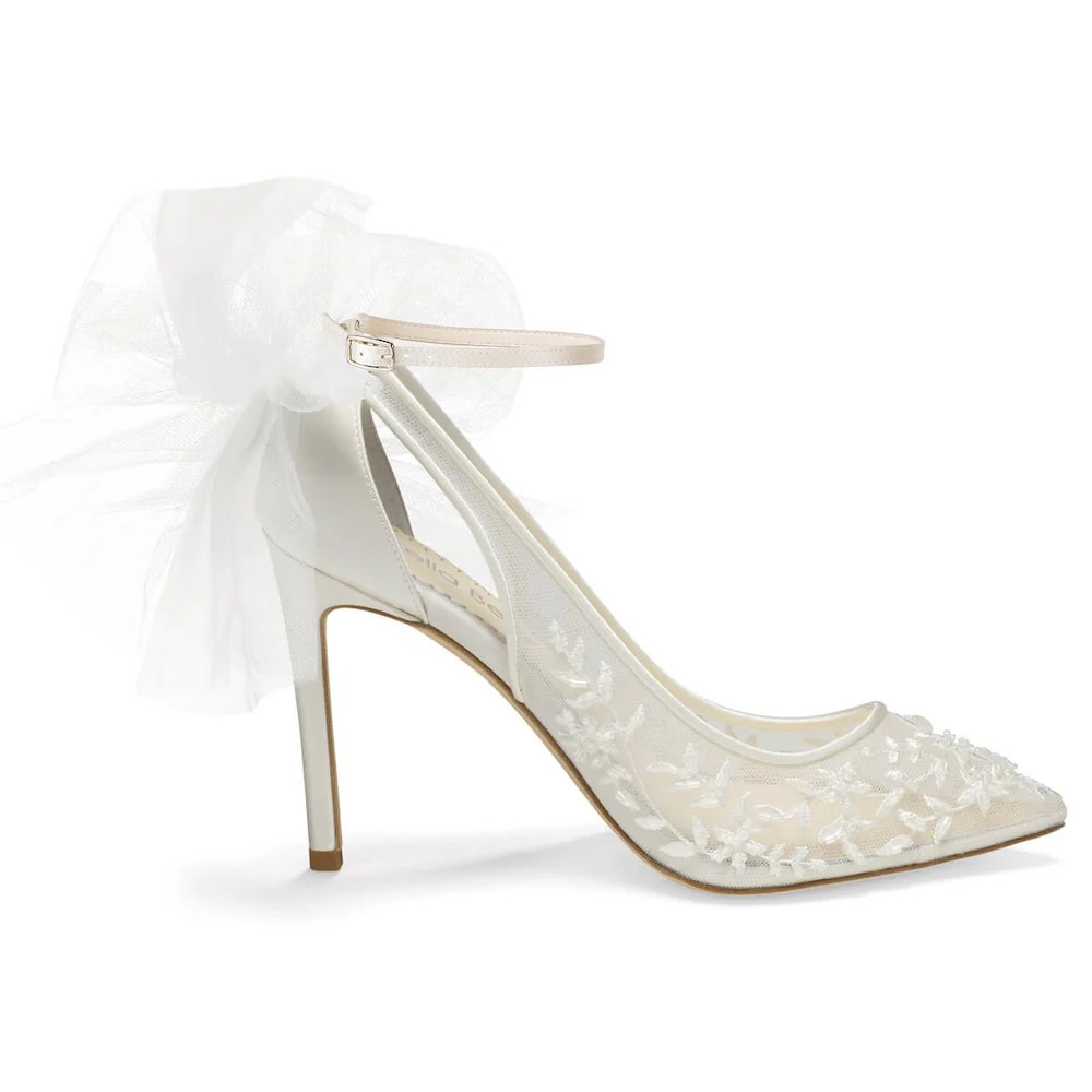 4-Inch Ivory Lace Heels with Removable Ankle Straps and Bows | Bella Belle Shoes