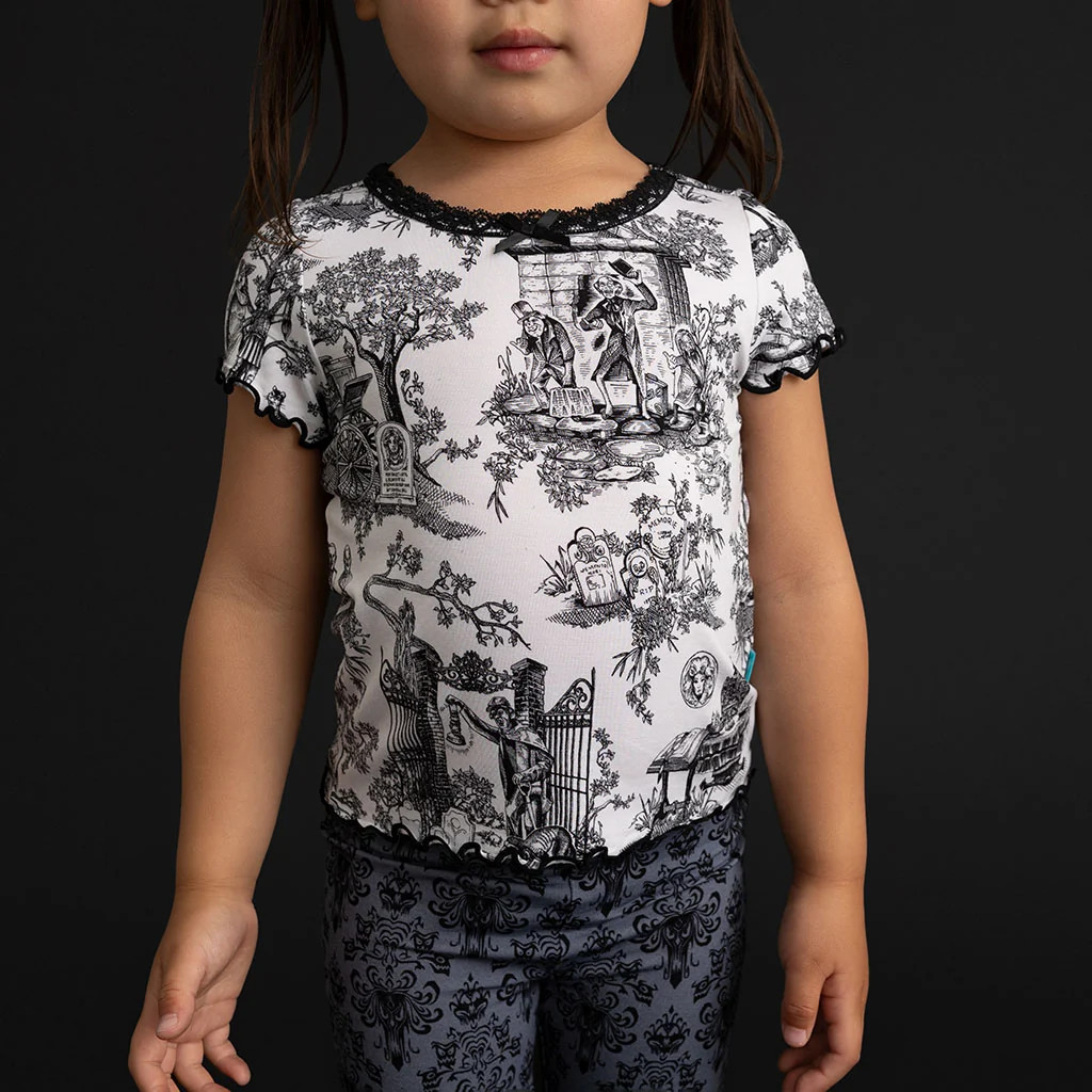 999 Happy Haunts White Short Sleeve Disney The Haunted Mansion Toile Lettuce Edge Shirt | Posh Pe... | Posh Peanut