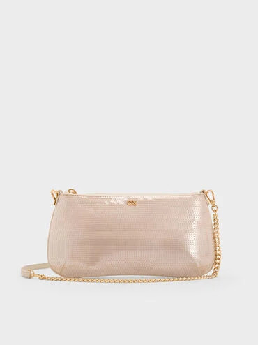 Champagne Nude Sequin Mesh & Leather Shoulder Bag | CHARLES & KEITH UK | Charles & Keith UK