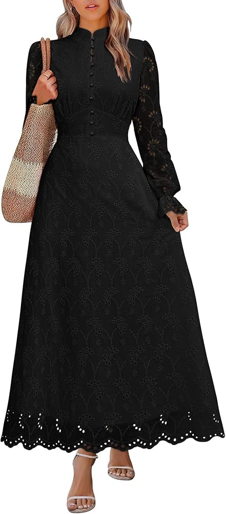 ANRABESS Wedding Guest Dresses for Women 2025 Fall Formal Long Sleeve Eyelet High Neck Elegant Cl... | Amazon (US)