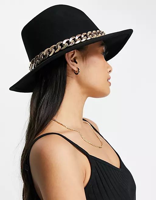 ASOS DESIGN felt fedora hat with chain band and size adjuster in black | ASOS (Global)